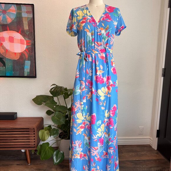 VICI Floral Summer Print V Neck Wrap Tie Long Maxi Flowy Dress Maximalism - Picture 1 of 12